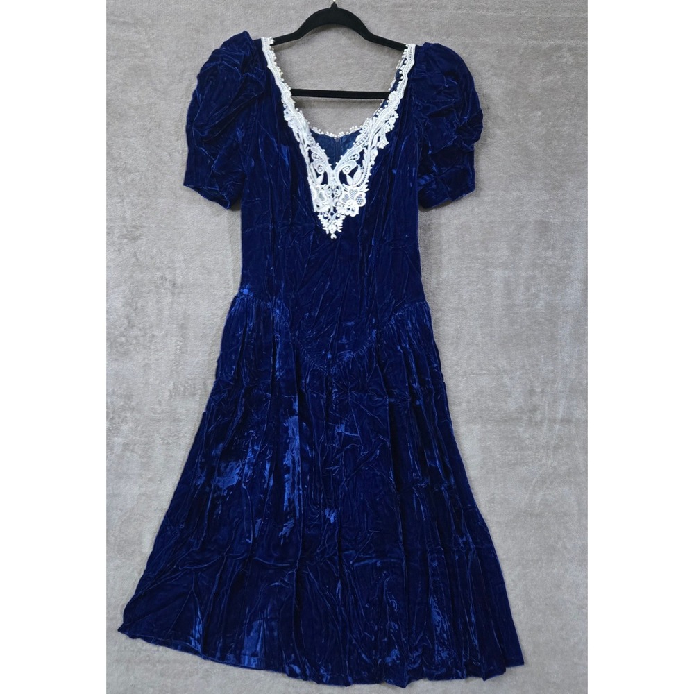 Vtg Gunne Sax Dress Large Blue Velvet Prairie Cottagecore Lace Prom Formal